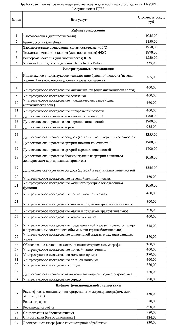 Диагностическое отделение, прейскурант