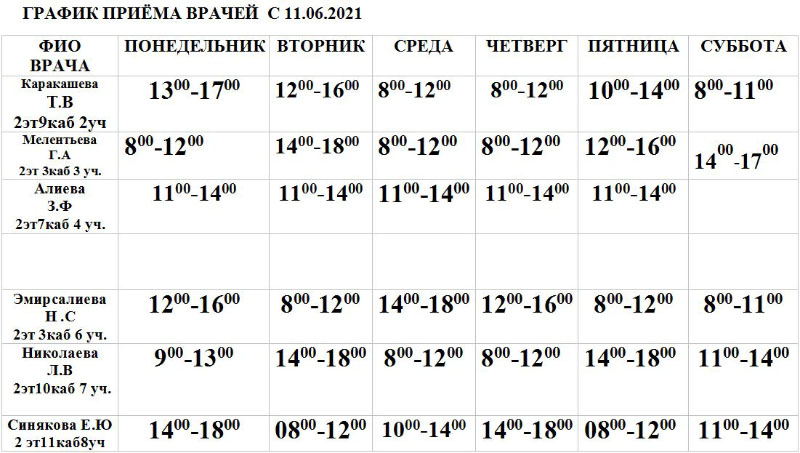 График работы врачей педиатров с 11 июня 2021 года