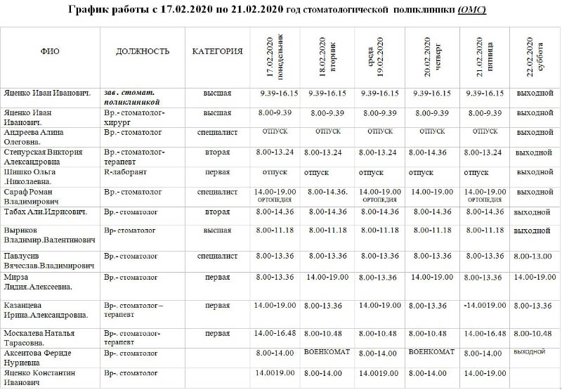 Расписание работы