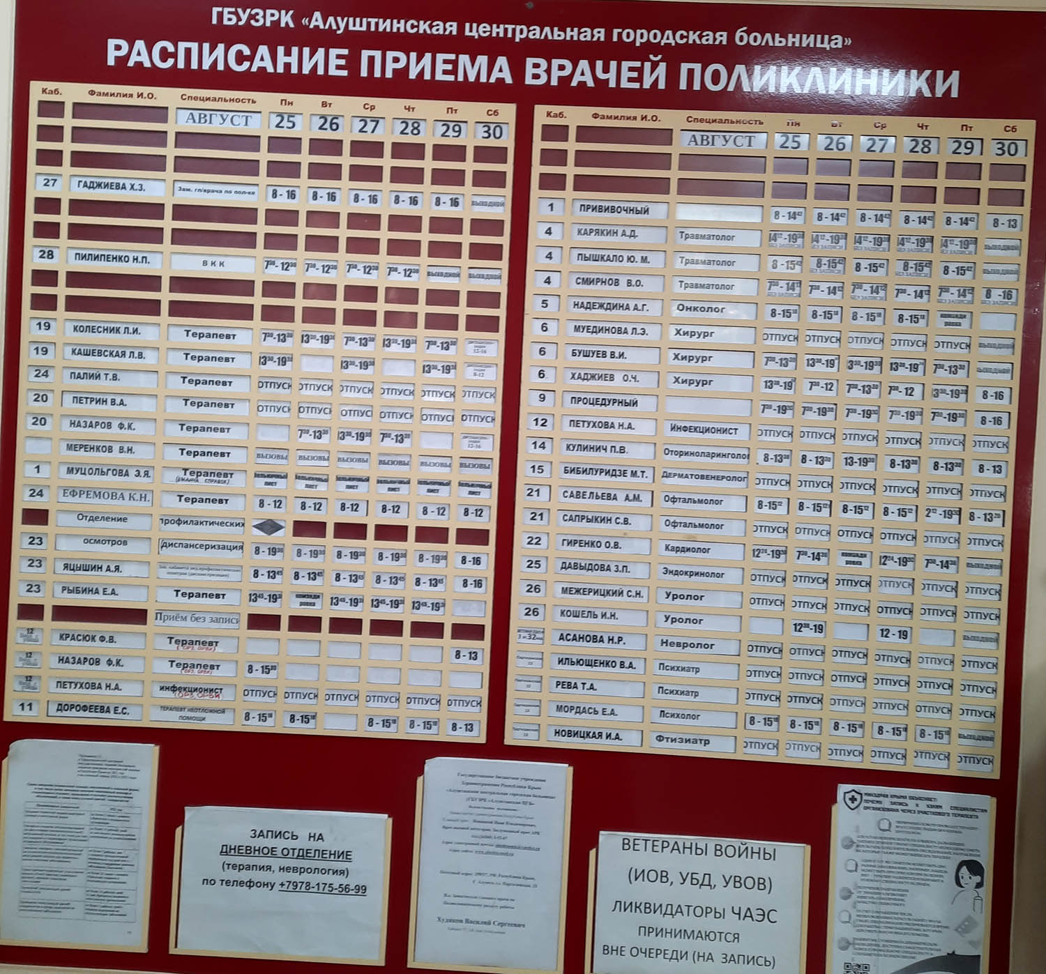 График работы врачей взрослой поликлиники